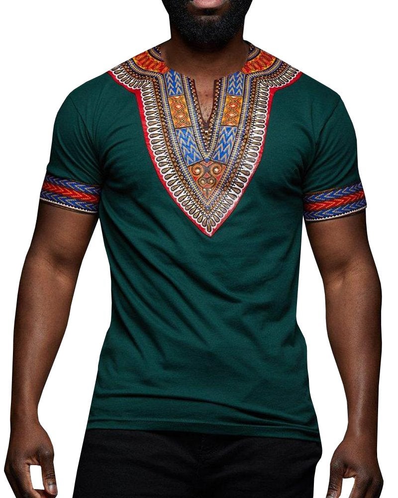 Makkrom Mens African Dashiki T Shirt Tribal Floral Print V Neck Slim Fit Shirts Tops - Image 1